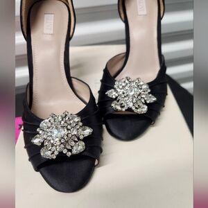 Formal Glint Black Ruched Peep Toe Rhinestone Embellishment 3 3/4" Heel 10M